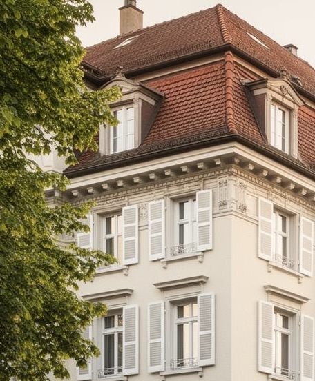 Elegante Stadtfassade in Zürich im warmen Abendlicht